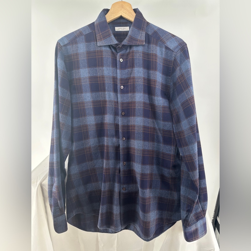 Boglioli cotton blue and brown gray plaid button down shirt